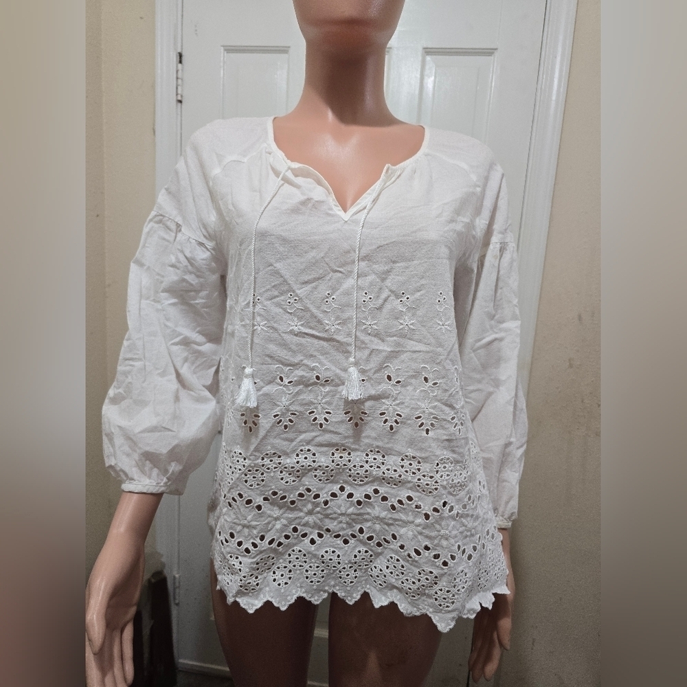 Madewell White Eyelet Blouse with Tassels